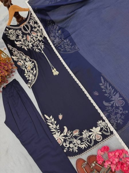 Plush Blue Party Wear Satin Rayon Kaftan Set with Fancy Bell Sleeves for Wholesale Rate Ready To Wear Collection