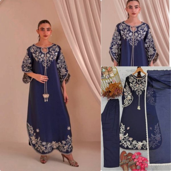 Plush Blue Party Wear Satin Rayon Kaftan Set with Fancy Bell Sleeves for Wholesale Rate Ready To Wear Collection
