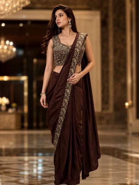 Plush Brown Boutique Style Chinnon Ready to Wear Saree with Beads Work Blouse Sarees 