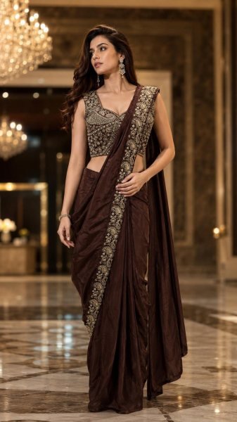 Plush Brown Boutique Style Chinnon Ready to Wear Saree with Beads Work Blouse Designer Wedding Sarees Wholesale