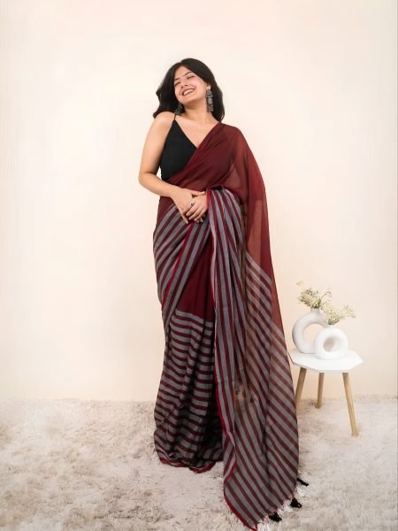 Plush Brown Linen Cotton Digital Print Saree with Unstitched Matching Blouse 
