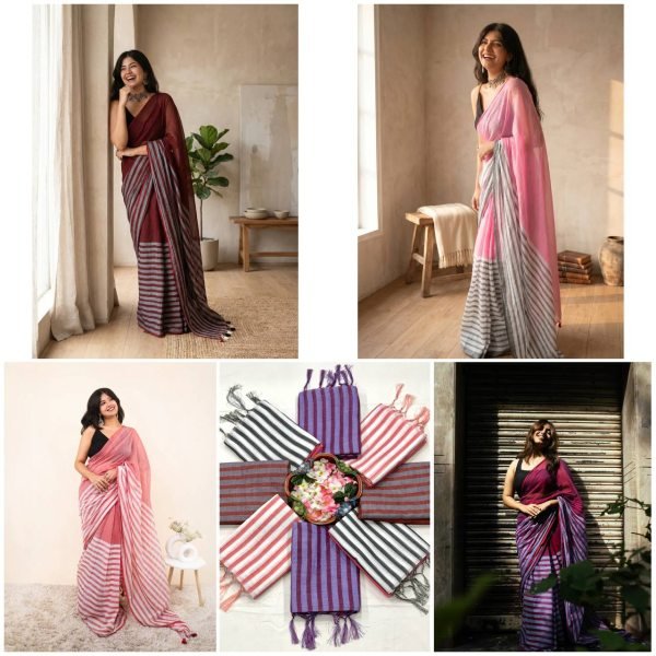 Plush Brown Linen Cotton Digital Print Saree with Unstitched Matching Blouse Linen Sarees Wholesale