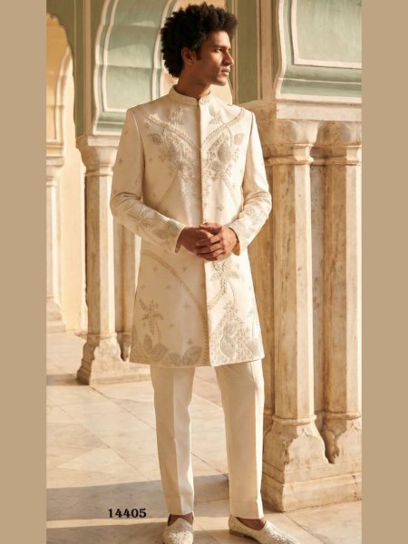 Plush Cream Boutique Style Pure Heavy Armani Indo Western Dress for Reception 