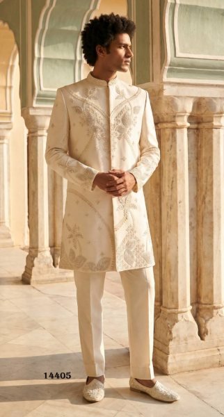Plush Cream Boutique Style Pure Heavy Armani Indo Western Dress for Reception Kurta Pajama Wholesale