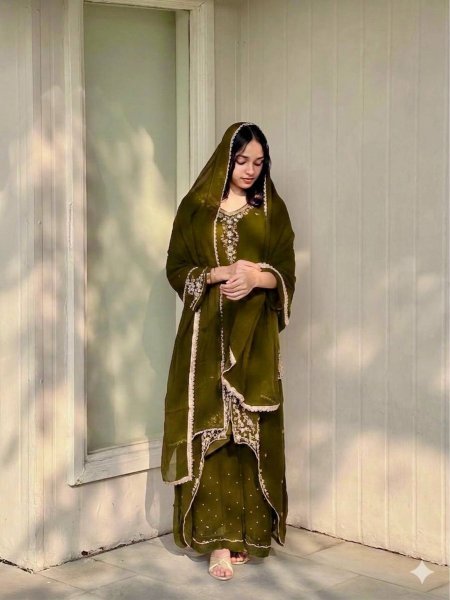 Plush Green Fox Georgette Embroidered Kurti Palazzo Set with Dupatta Ready To Wear Suit