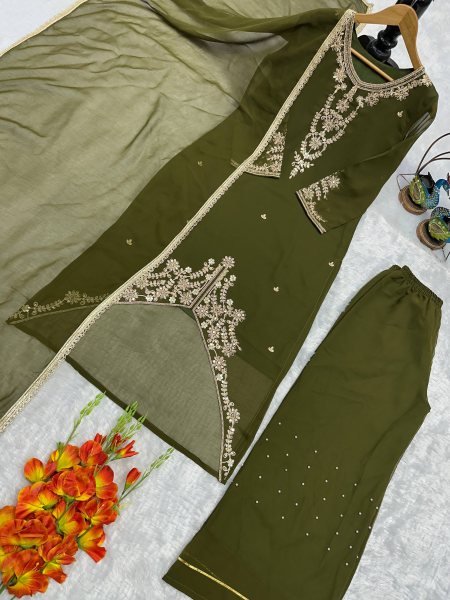 Plush Green Fox Georgette Embroidered Kurti Palazzo Set with Dupatta Ready To Wear Collection