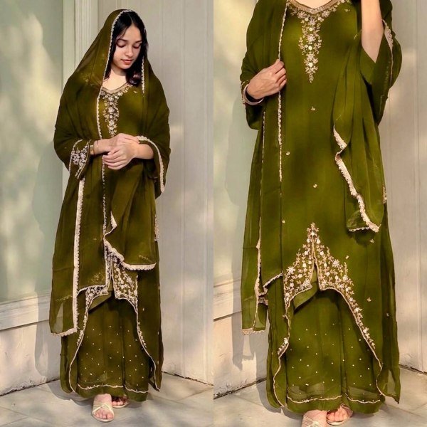 Plush Green Fox Georgette Embroidered Kurti Palazzo Set with Dupatta Ready To Wear Collection