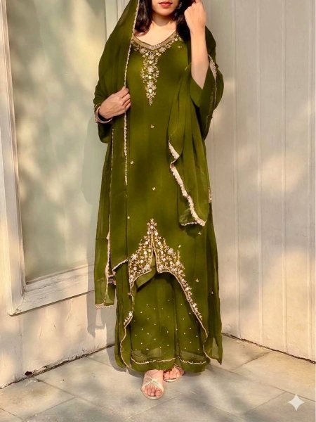 Plush Green Fox Georgette Embroidered Kurti Palazzo Set with Dupatta Ready To Wear Collection