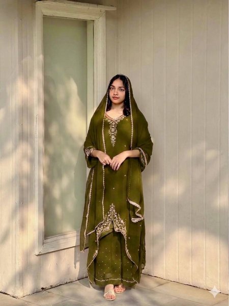 Plush Green Fox Georgette Embroidered Kurti Palazzo Set with Dupatta Ready To Wear Collection