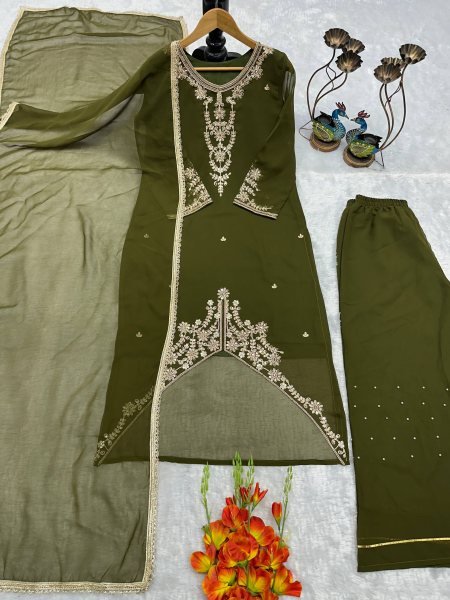 Plush Green Fox Georgette Embroidered Kurti Palazzo Set with Dupatta Ready To Wear Collection