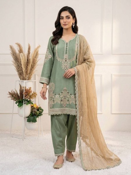 Plush Green Glass Satin Kurti Salwar Set with Designer Embroidery and Crunchy Dupatta 