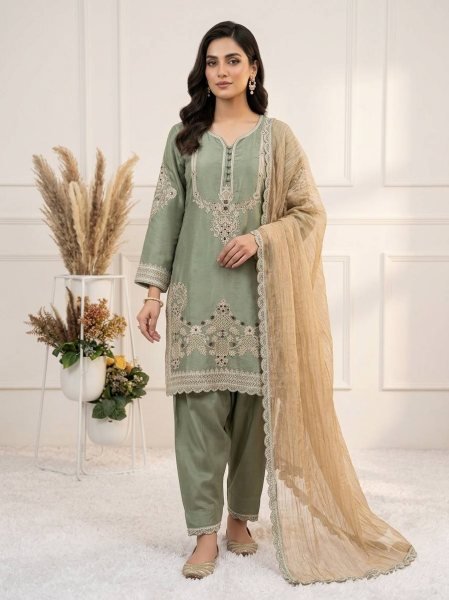 Plush Green Glass Satin Kurti Salwar Set with Designer Embroidery and Crunchy Dupatta Ready To Wear Collection