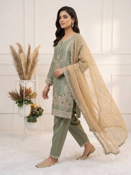 Plush Green Glass Satin Kurti Salwar Set with Designer Embroidery and Crunchy Dupatta Ready To Wear Collection