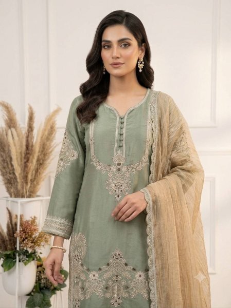 Plush Green Glass Satin Kurti Salwar Set with Designer Embroidery and Crunchy Dupatta Ready To Wear Collection