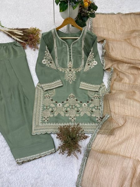 Plush Green Glass Satin Kurti Salwar Set with Designer Embroidery and Crunchy Dupatta Ready To Wear Collection