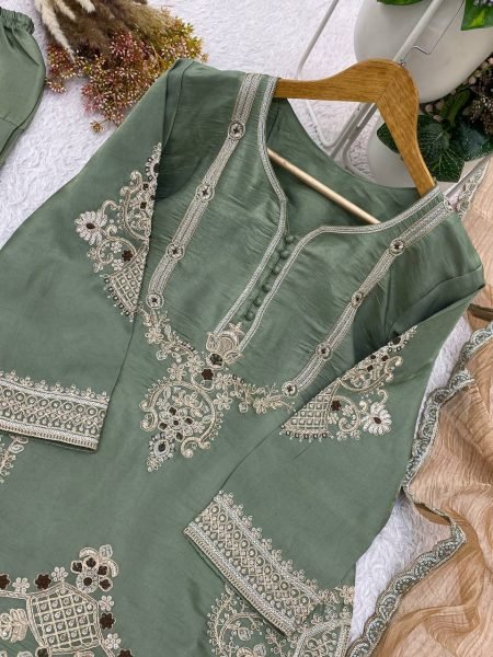 Plush Green Glass Satin Kurti Salwar Set with Designer Embroidery and Crunchy Dupatta Ready To Wear Collection