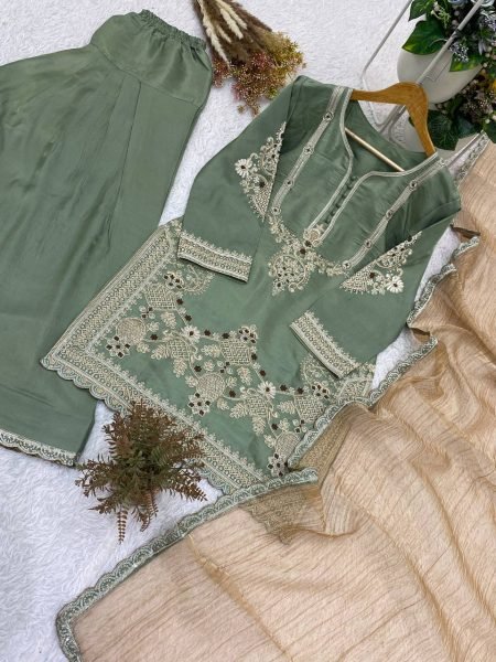 Plush Green Glass Satin Kurti Salwar Set with Designer Embroidery and Crunchy Dupatta Ready To Wear Collection