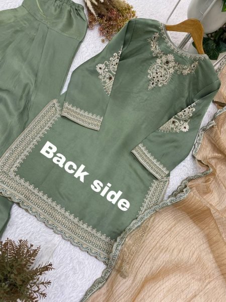 Plush Green Glass Satin Kurti Salwar Set with Designer Embroidery and Crunchy Dupatta Ready To Wear Collection