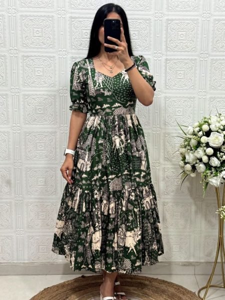 Plush Green Muslin Cotton Printed Dress with Stylish Two Layer Design For Party 
