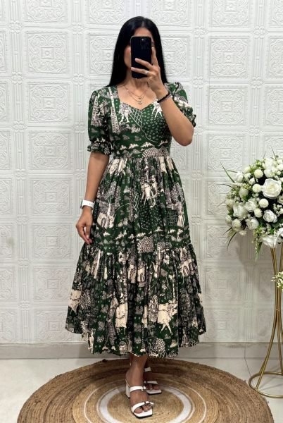 Plush Green Muslin Cotton Printed Dress with Stylish Two Layer Design For Party Western Ladies Top Wholesale