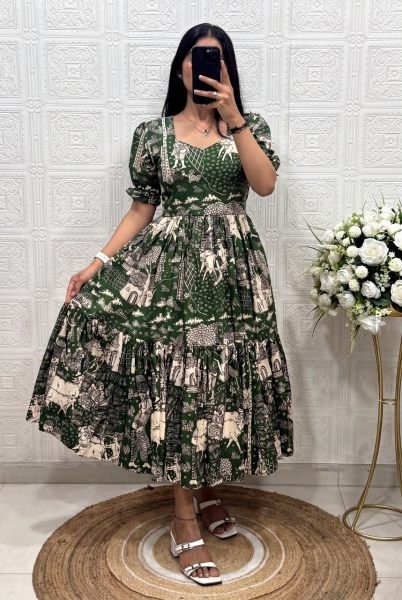 Plush Green Muslin Cotton Printed Dress with Stylish Two Layer Design For Party Western Ladies Top Wholesale