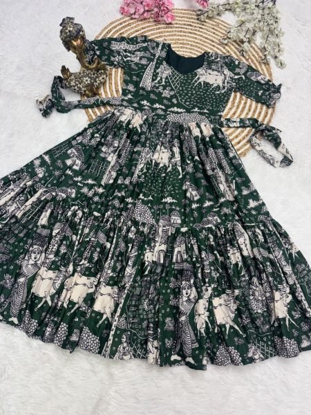 Plush Green Muslin Cotton Printed Dress with Stylish Two Layer Design For Party Western Ladies Top Wholesale