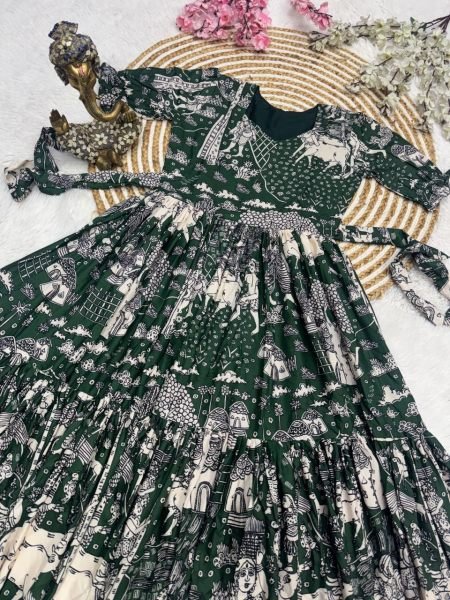Plush Green Muslin Cotton Printed Dress with Stylish Two Layer Design For Party Western Ladies Top Wholesale