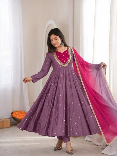 Plush Light Purple Designer Anarkali Gown with Full Sleeves and Mirror Embroidery 