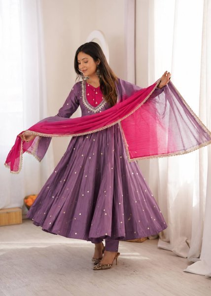 Plush Light Purple Designer Anarkali Gown with Full Sleeves and Mirror Embroidery Ready To Wear Collection