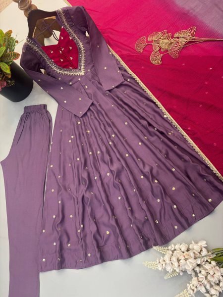 Plush Light Purple Designer Anarkali Gown with Full Sleeves and Mirror Embroidery Ready To Wear Collection