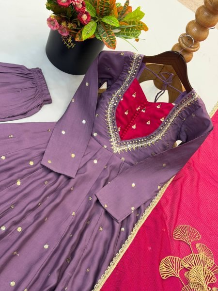 Plush Light Purple Designer Anarkali Gown with Full Sleeves and Mirror Embroidery Ready To Wear Collection