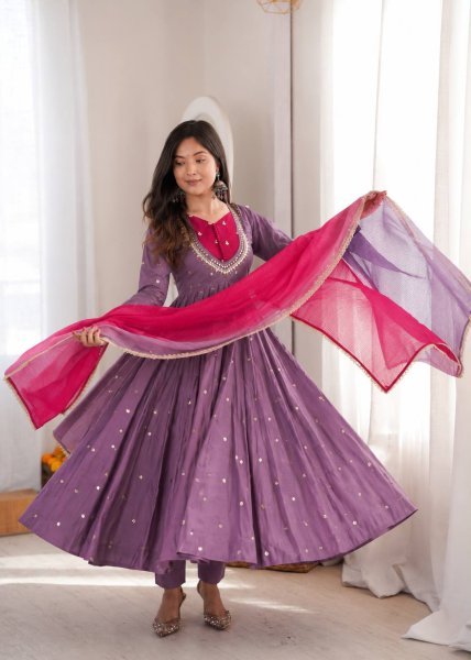 Plush Light Purple Designer Anarkali Gown with Full Sleeves and Mirror Embroidery Ready To Wear Collection