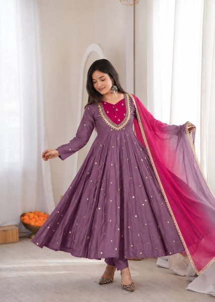 Plush Light Purple Designer Anarkali Gown with Full Sleeves and Mirror Embroidery Ready To Wear Collection