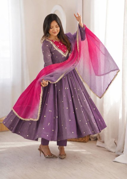 Plush Light Purple Designer Anarkali Gown with Full Sleeves and Mirror Embroidery Ready To Wear Collection