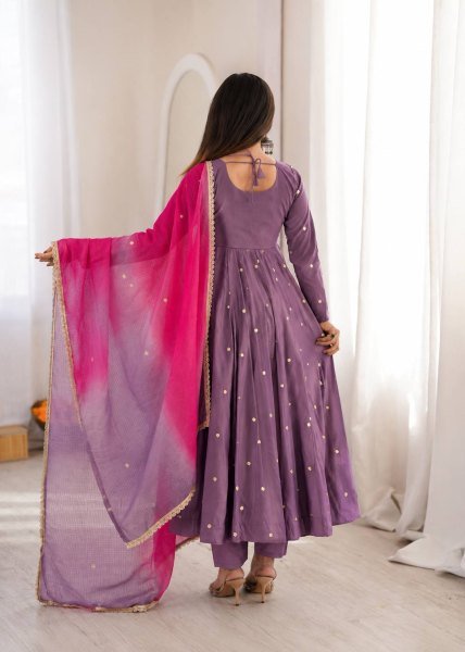 Plush Light Purple Designer Anarkali Gown with Full Sleeves and Mirror Embroidery Ready To Wear Collection