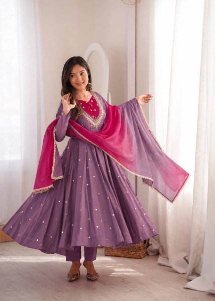 Plush Light Purple Designer Anarkali Gown with Full Sleeves and Mirror Embroidery Ready To Wear Collection