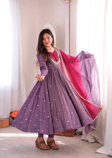 Plush Light Purple Designer Anarkali Gown with Full Sleeves and Mirror Embroidery Ready To Wear Collection