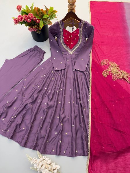 Plush Light Purple Designer Anarkali Gown with Full Sleeves and Mirror Embroidery Ready To Wear Collection
