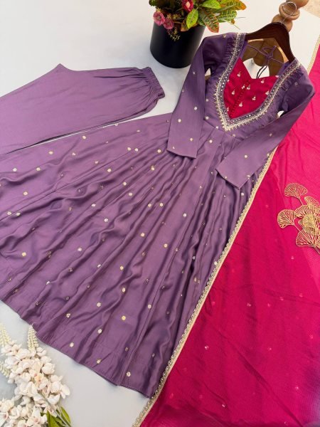 Plush Light Purple Designer Anarkali Gown with Full Sleeves and Mirror Embroidery Ready To Wear Collection