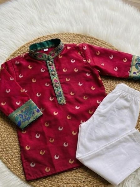 Plush Maroon Boys Kurta Pant Set with Contrast Gold Zari Weaving at Wholesale Rate Mens Wear