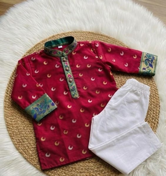 Plush Maroon Boys Kurta Pant Set with Contrast Gold Zari Weaving at Wholesale Rate Boys Wear