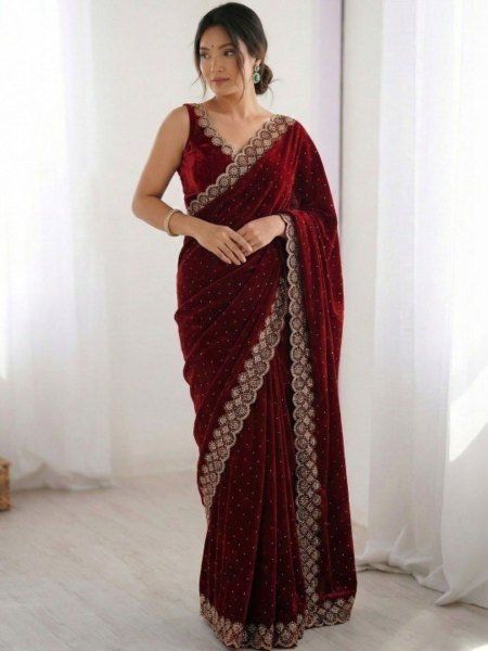 Plush Maroon Premium Diamond Work Saree for Wedding and Reception Wear Sarees 