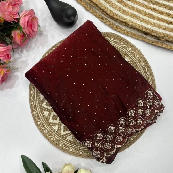 Plush Maroon Premium Diamond Work Saree for Wedding and Reception Wear Silk Sarees Wholesale