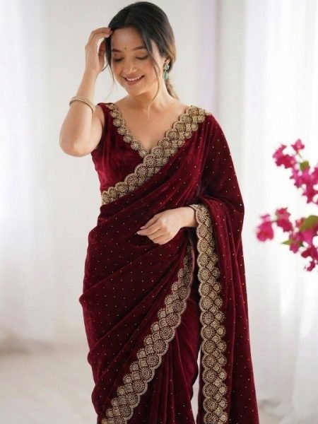 Plush Maroon Premium Diamond Work Saree for Wedding and Reception Wear Silk Sarees Wholesale