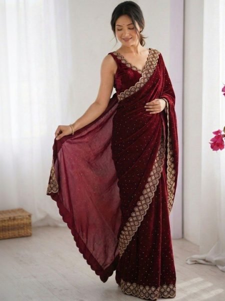 Plush Maroon Premium Diamond Work Saree for Wedding and Reception Wear Silk Sarees Wholesale
