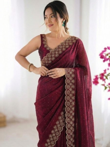 Plush Maroon Premium Diamond Work Saree for Wedding and Reception Wear Silk Sarees Wholesale
