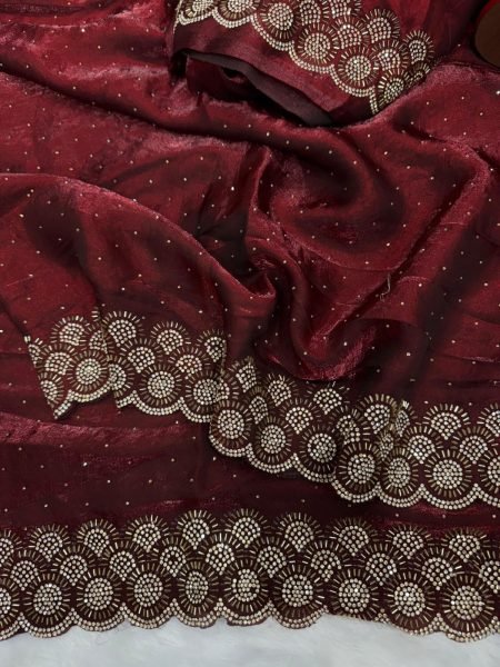 Plush Maroon Premium Diamond Work Saree for Wedding and Reception Wear Silk Sarees Wholesale