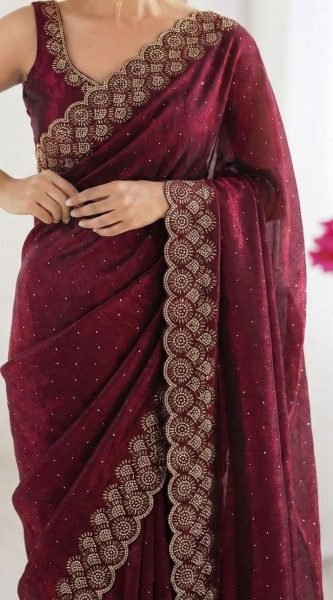 Plush Maroon Premium Diamond Work Saree for Wedding and Reception Wear Silk Sarees Wholesale