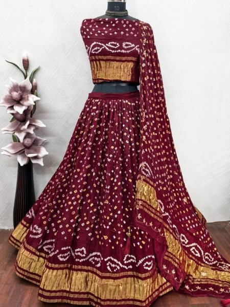 Plush Maroon Women's Pure Gaji Silk Lehenga with Danee Bandhej Work and Matching Dupatta Shop by Occasion