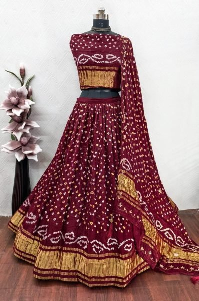 Plush Maroon Women's Pure Gaji Silk Lehenga with Danee Bandhej Work and Matching Dupatta Navratri Lehnega Choli